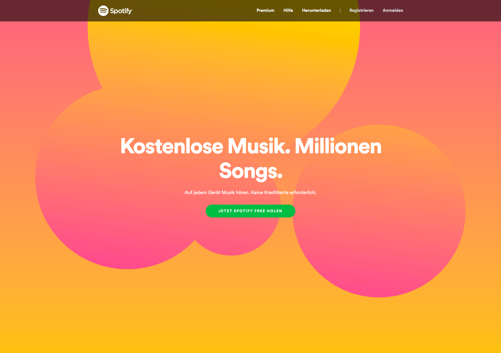 Webseite Spotify, Beispiel grossflächige Farbverläufe