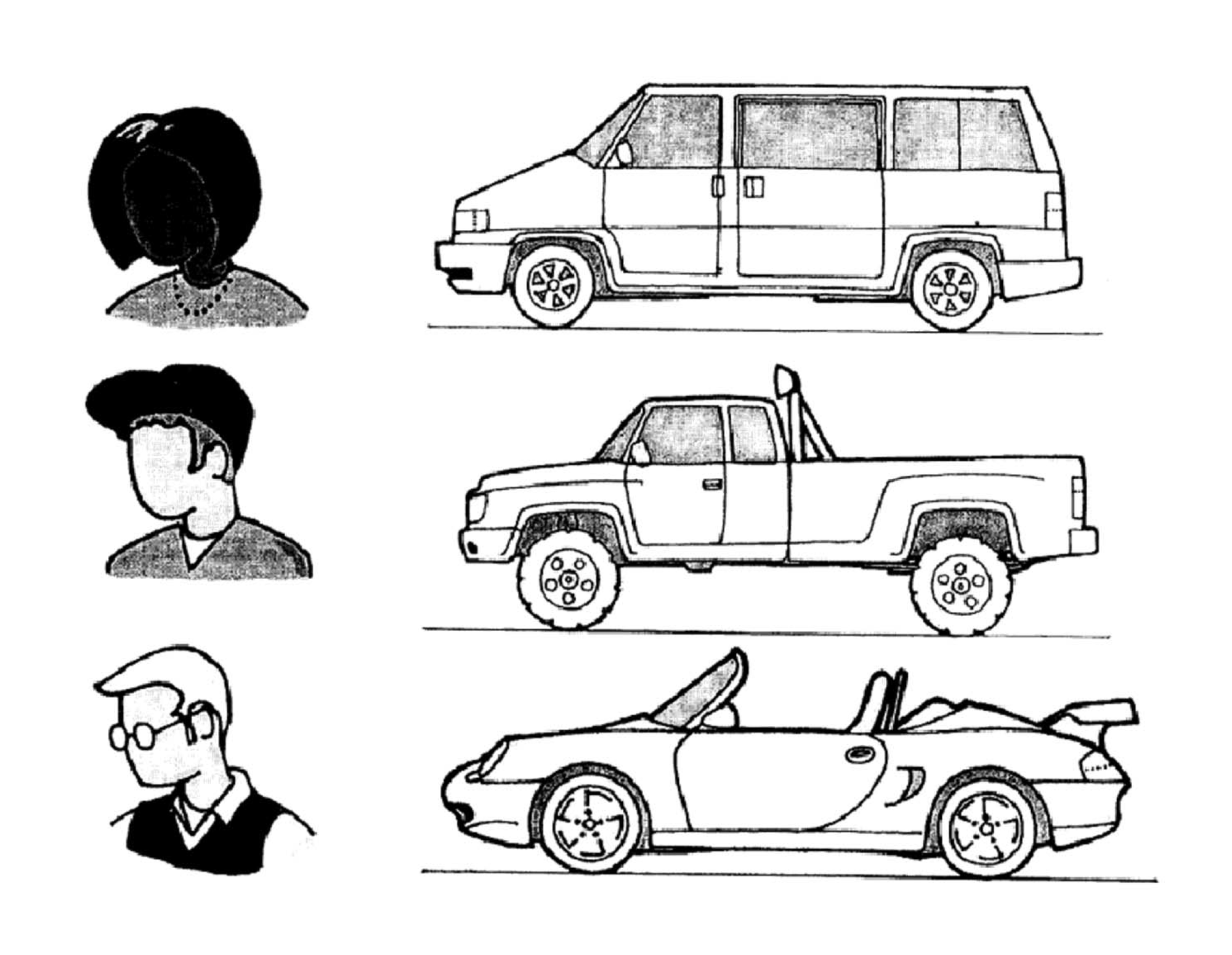 Illustration Menschen mit unterschiedlichen Autos