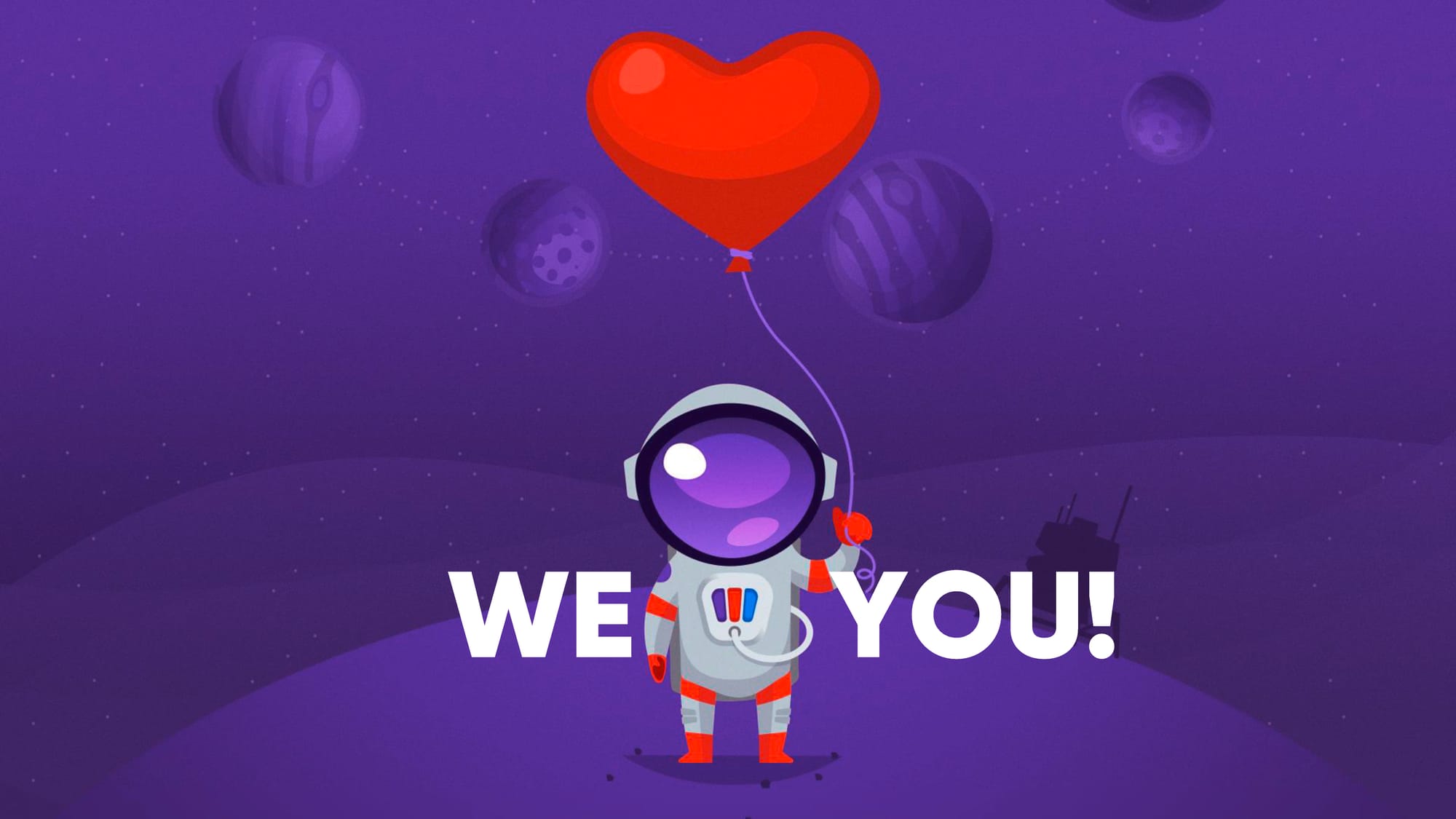 Pimconaut hat Herzballon in der Hand: We love you!