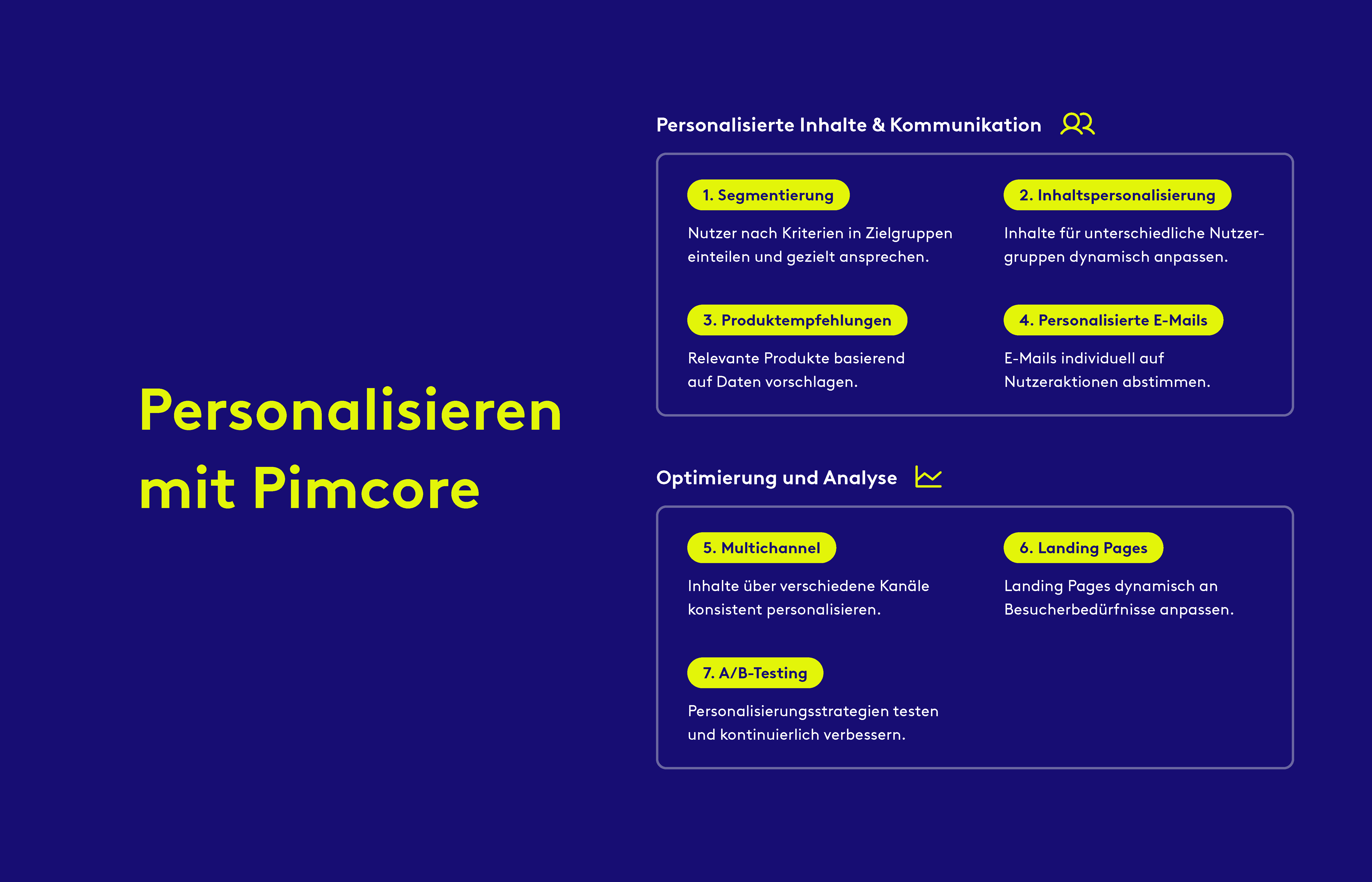 Pimcore bietet verschiedene Möglichkeiten zur Personalisierung von Inhalte, Kommunikation, Optimierung und Analyse.