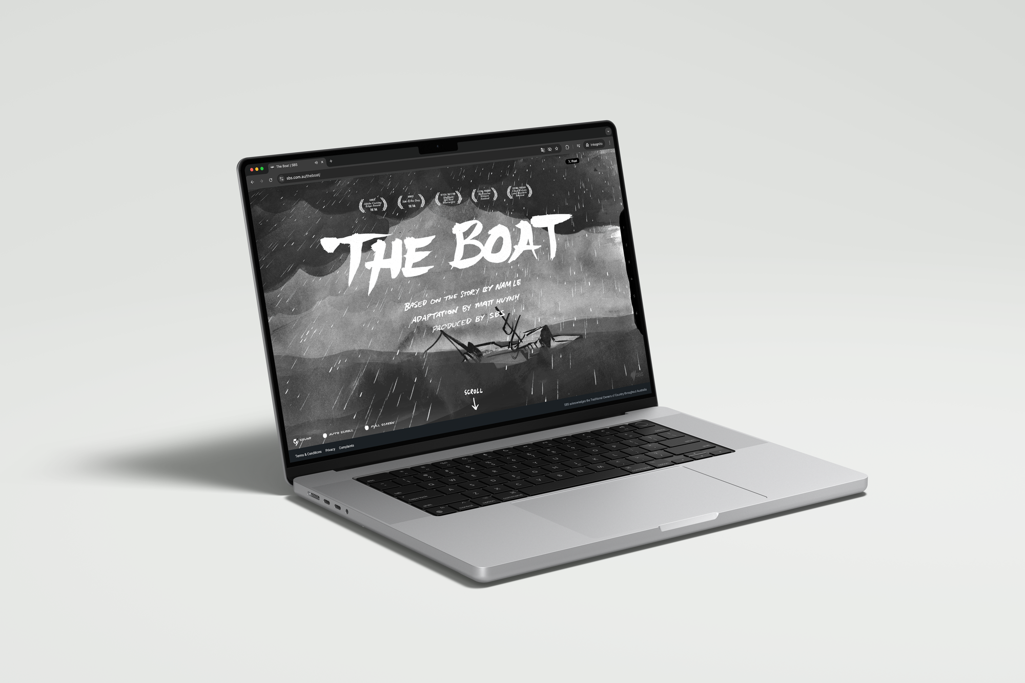 Ein Laptop mit geöffneter Website der SBS: Hier wird das Wort Scrollytelling gross geschrieben.