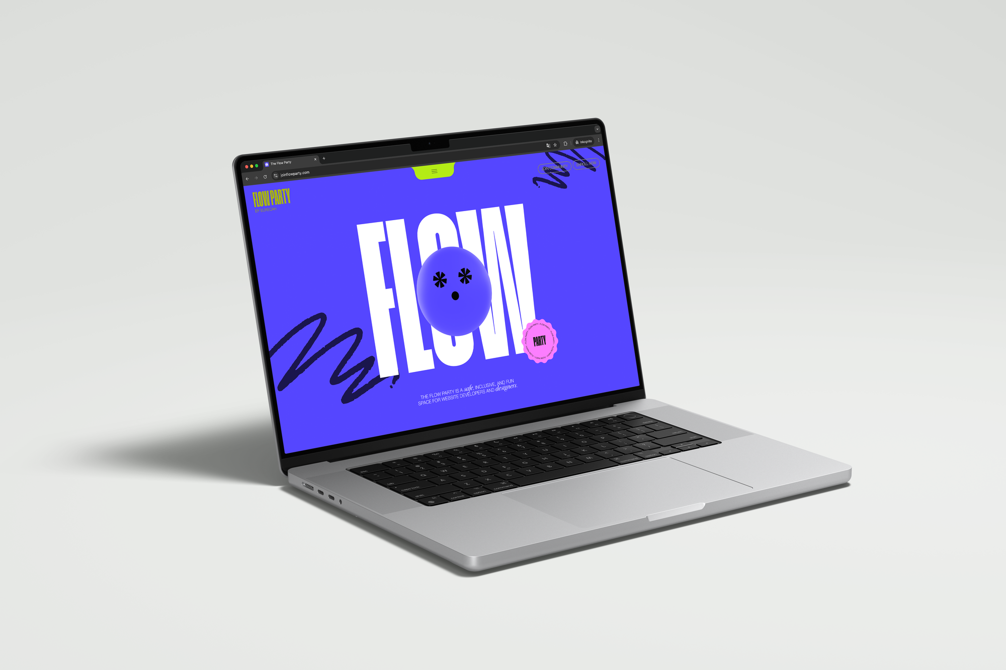 Ein Laptop mit geöffneter Website der FLOW PARTY: Auffälliges, farbenfrohes Webdesign mit kräftigem Violett, großen Typoelementen und verspielten grafischen Formen.