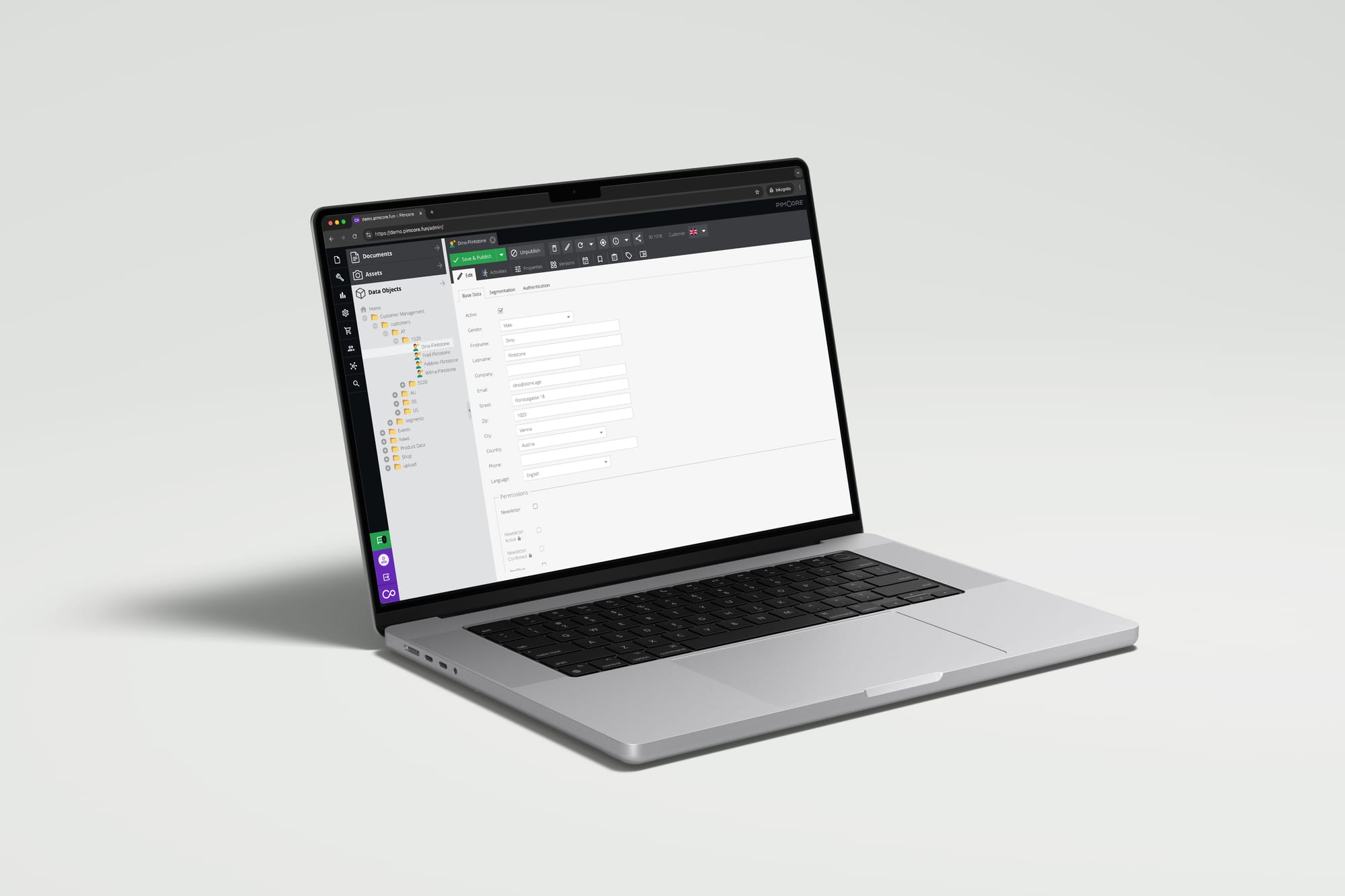 Laptop mit geöffneter Benutzeroberfläche eines Content Management Frameworks (CMF), das eine Demo-Ansicht der Datenobjektverwaltung zeigt.